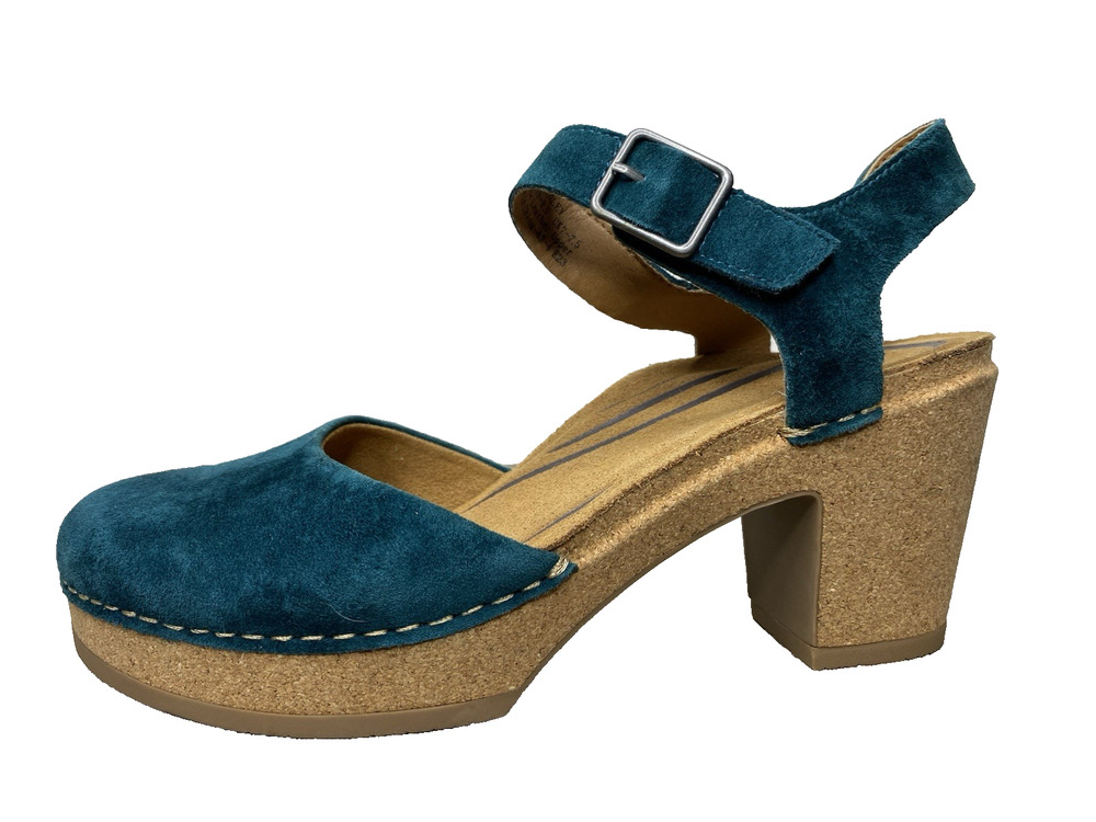 Aetrex Finley Blue Suede Leather Clog Ankle Strap Cork Heel Woman's 9 9.5 40
